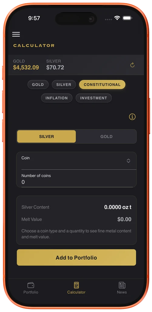 Aquarian Metals app calculator for constitutional silver and melt value