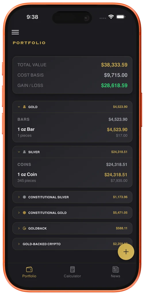 Aquarian Metals app portfolio screen with total value and holdings