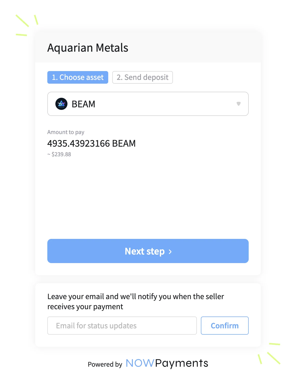 NOWPayments WooCommerce settings showing Beam as a payment option