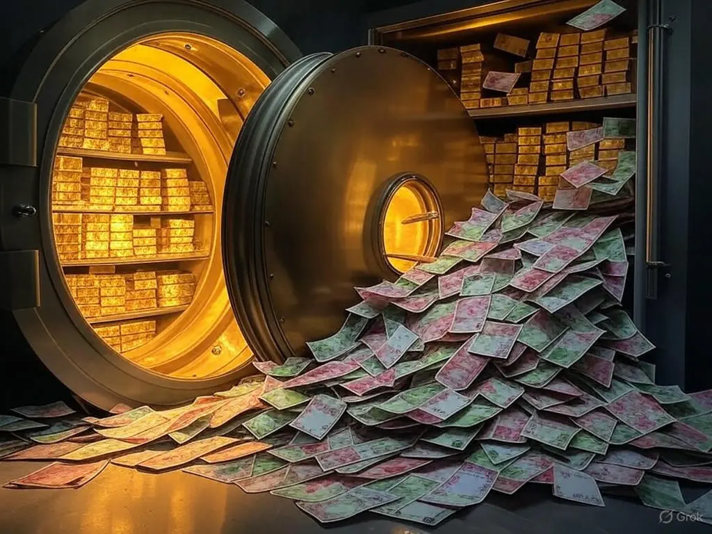 A bank vault spilling money out of its door
